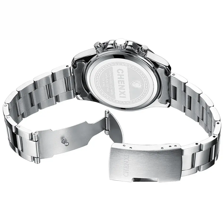CHENXI Brand Men Sport Watch Chronograph Black Silver Stainless Steel Water Resistance Men's Wristwatch Mulit Function Calendar