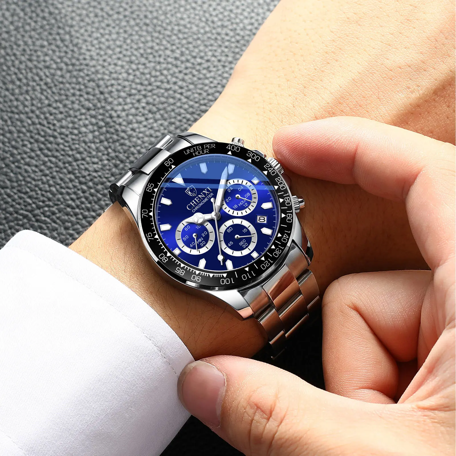 CHENXI Brand Men Sport Watch Chronograph Black Silver Stainless Steel Water Resistance Men's Wristwatch Mulit Function Calendar