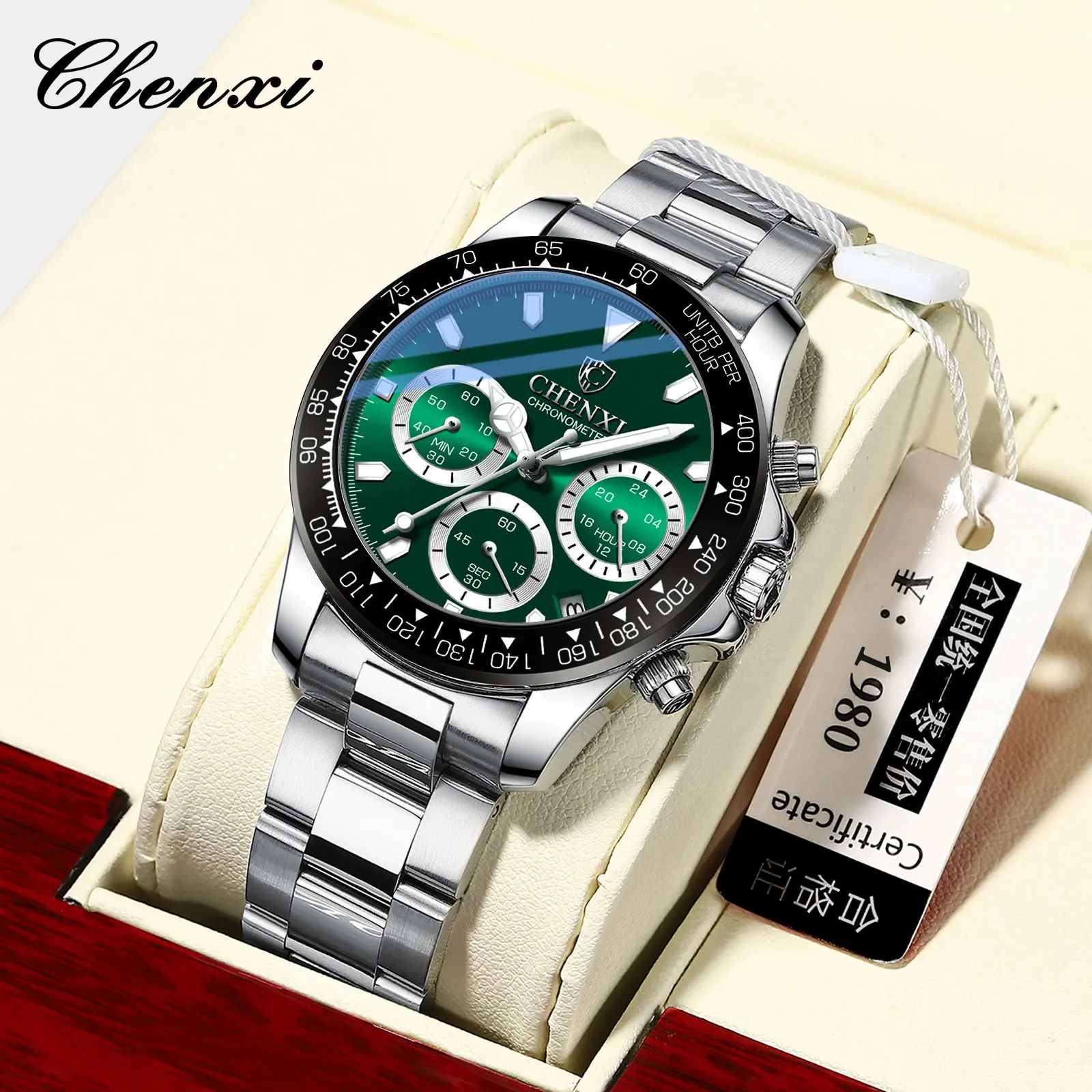 CHENXI Brand Men Sport Watch Chronograph Black Silver Stainless Steel Water Resistance Men's Wristwatch Mulit Function Calendar