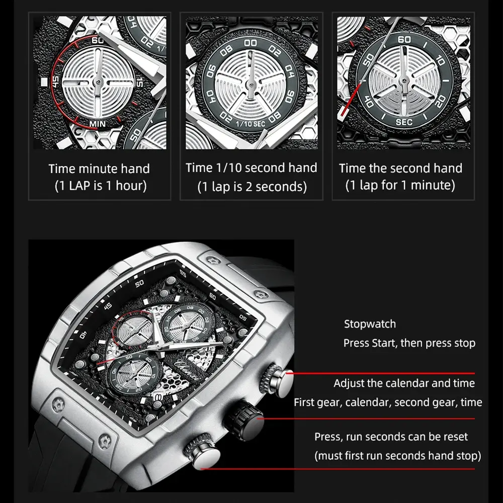 Fasihon Men's Sport Watches Silicone Strap Waterproof Chronograph Date Function Casual Business Wristwatch for Men Top Brand