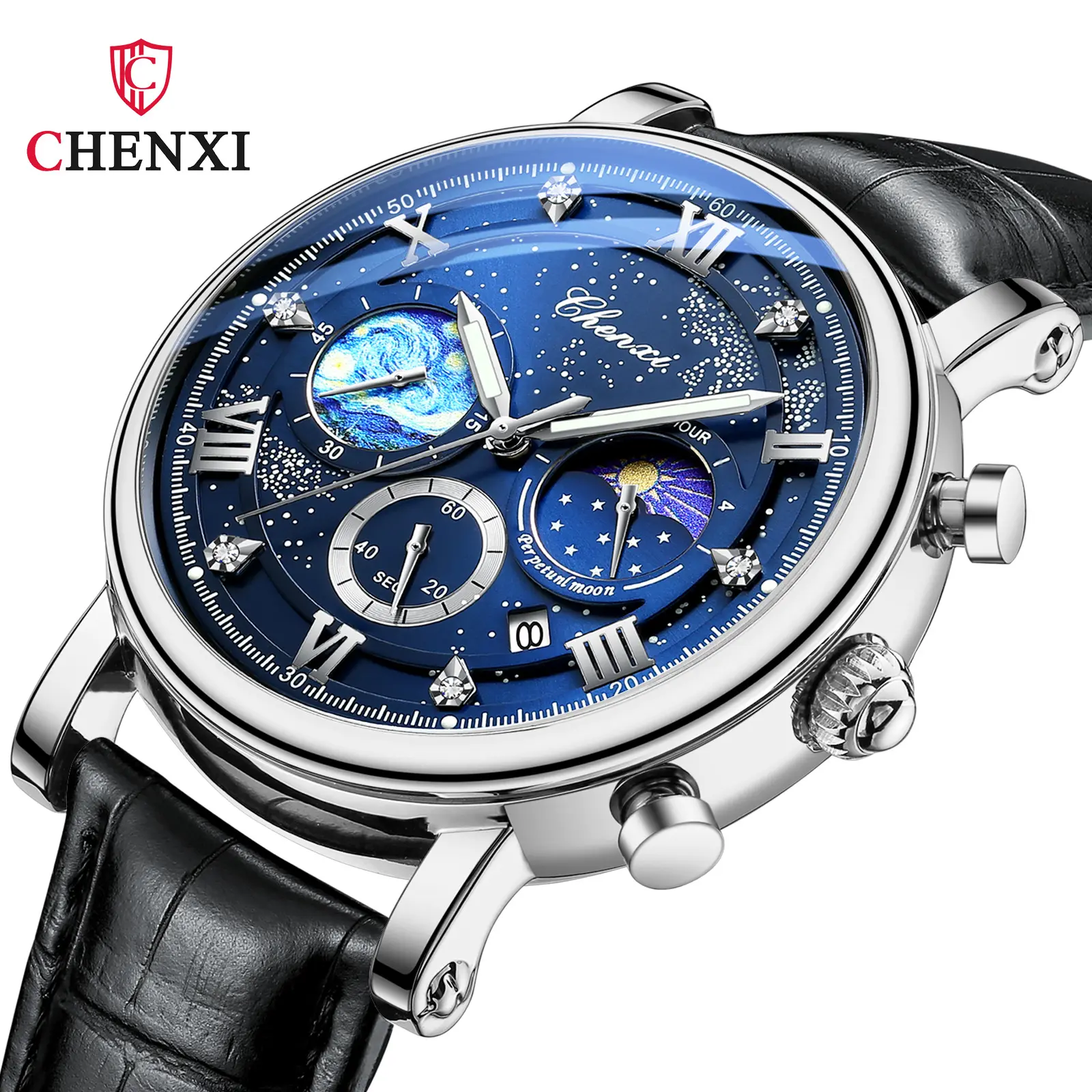 Luxury Watches for Men Genuine Leather Waterproof Silver Dial Chronograph Business Casual Sport Men's Quartz Wristwatch Gift