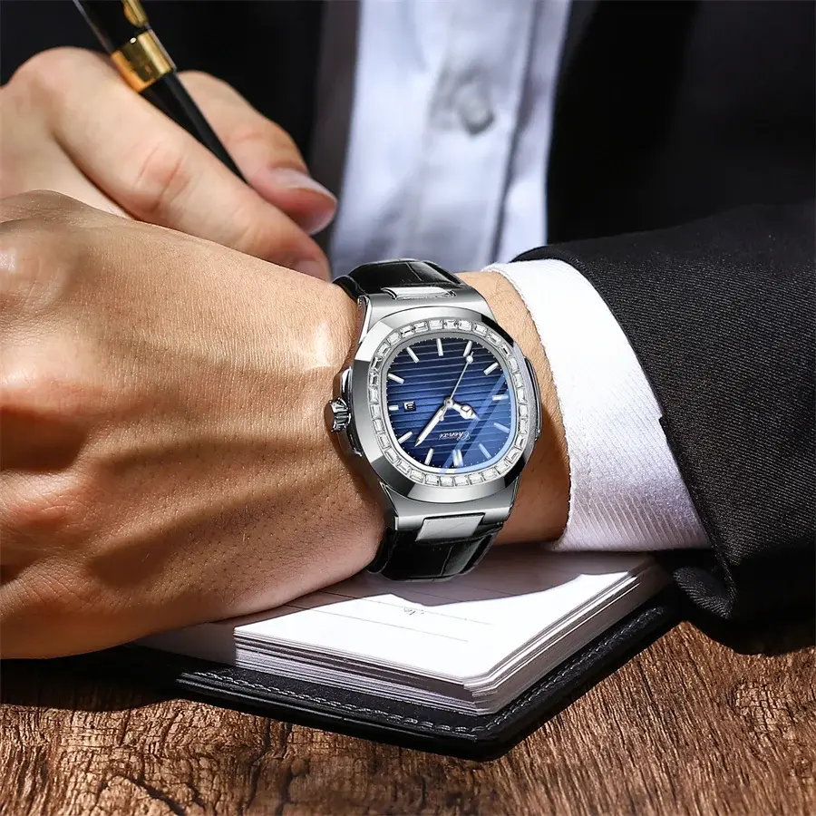 Luxury Diamond Men's Watches Rhinestone Genuine Leather Casual Business Wristwatch for Men Waterproof Male Clock Watches Gift