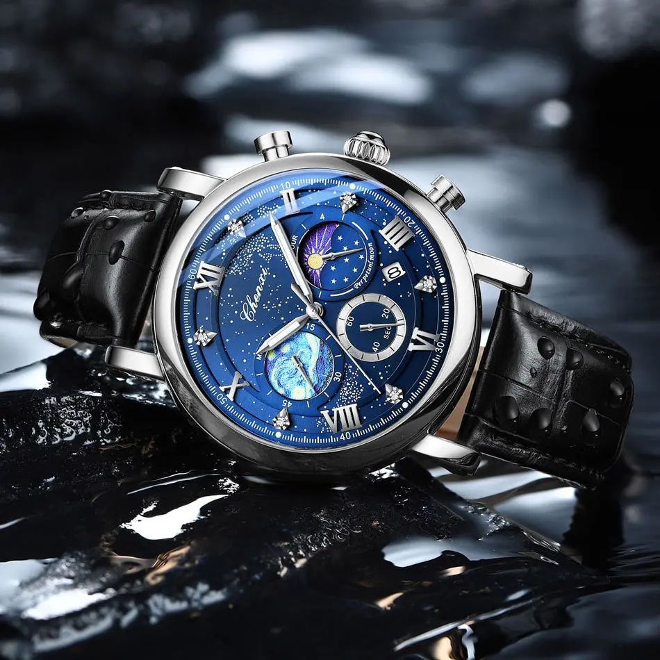 Luxury Watches for Men Genuine Leather Waterproof Silver Dial Chronograph Business Casual Sport Men's Quartz Wristwatch Gift
