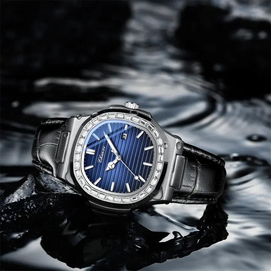 Luxury Diamond Men's Watches Rhinestone Genuine Leather Casual Business Wristwatch for Men Waterproof Male Clock Watches Gift