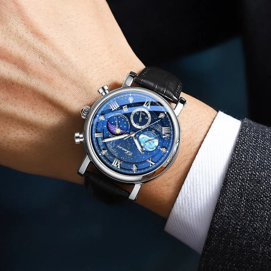 Luxury Watches for Men Genuine Leather Waterproof Silver Dial Chronograph Business Casual Sport Men's Quartz Wristwatch Gift