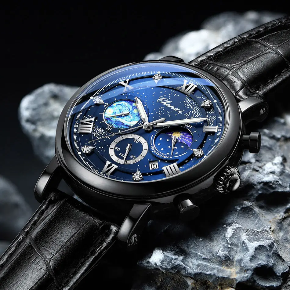 Luxury Watches for Men Genuine Leather Waterproof Silver Dial Chronograph Business Casual Sport Men's Quartz Wristwatch Gift