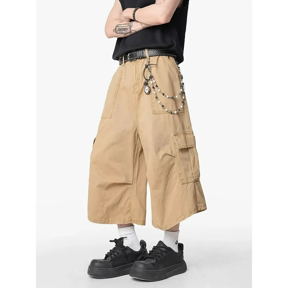 Big Pocket Casual Cargo Pants for Men Wide Leg 7-Inch Quick-Dry Men's Baggy Shorts Teenager Sport Outdoor Skateboard Pants
