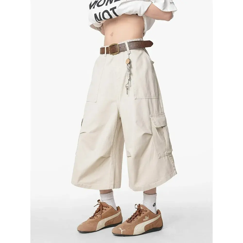 Big Pocket Casual Cargo Pants for Men Wide Leg 7-Inch Quick-Dry Men's Baggy Shorts Teenager Sport Outdoor Skateboard Pants