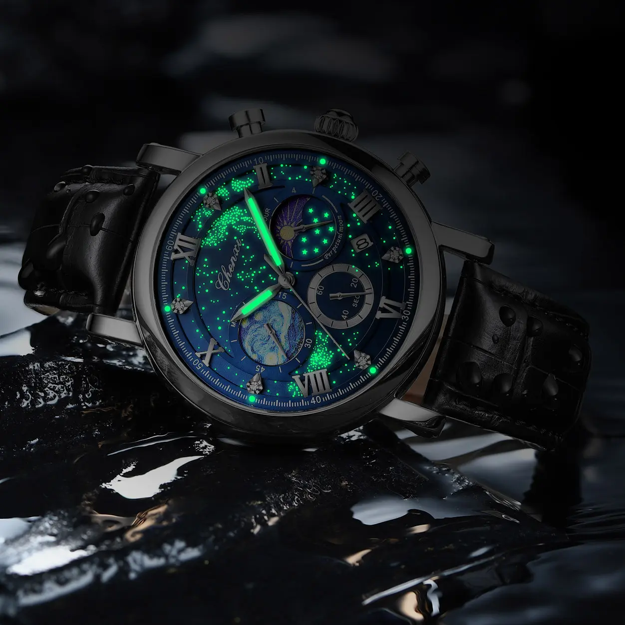Luxury Watches for Men Genuine Leather Waterproof Silver Dial Chronograph Business Casual Sport Men's Quartz Wristwatch Gift