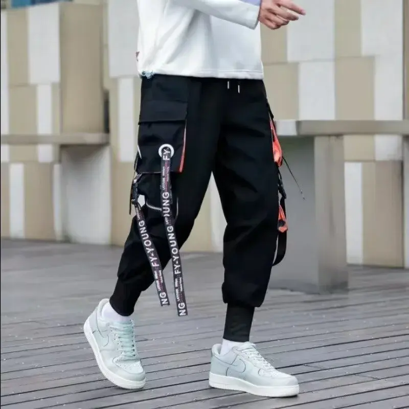 Joggers Men Cargo Pants Techwear Harajuku Fashion Y2K Black Punk Trousers Ribbons Big Pocket Casual Baggy Streetwear