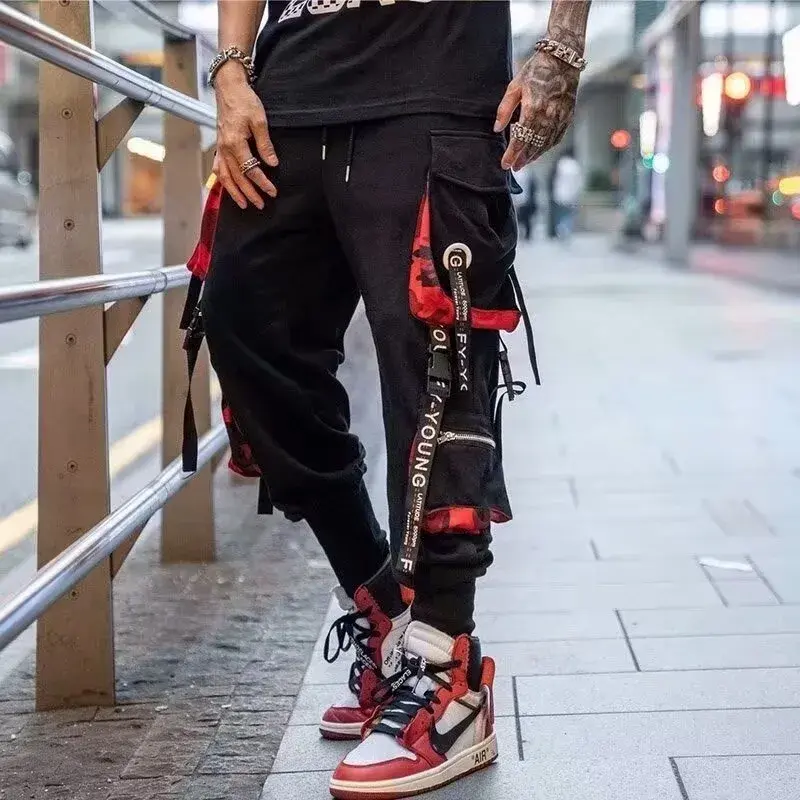 Joggers Men Cargo Pants Techwear Harajuku Fashion Y2K Black Punk Trousers Ribbons Big Pocket Casual Baggy Streetwear
