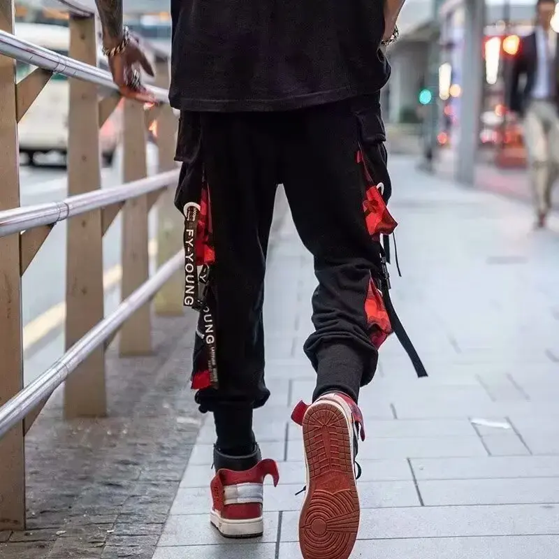 Joggers Men Cargo Pants Techwear Harajuku Fashion Y2K Black Punk Trousers Ribbons Big Pocket Casual Baggy Streetwear