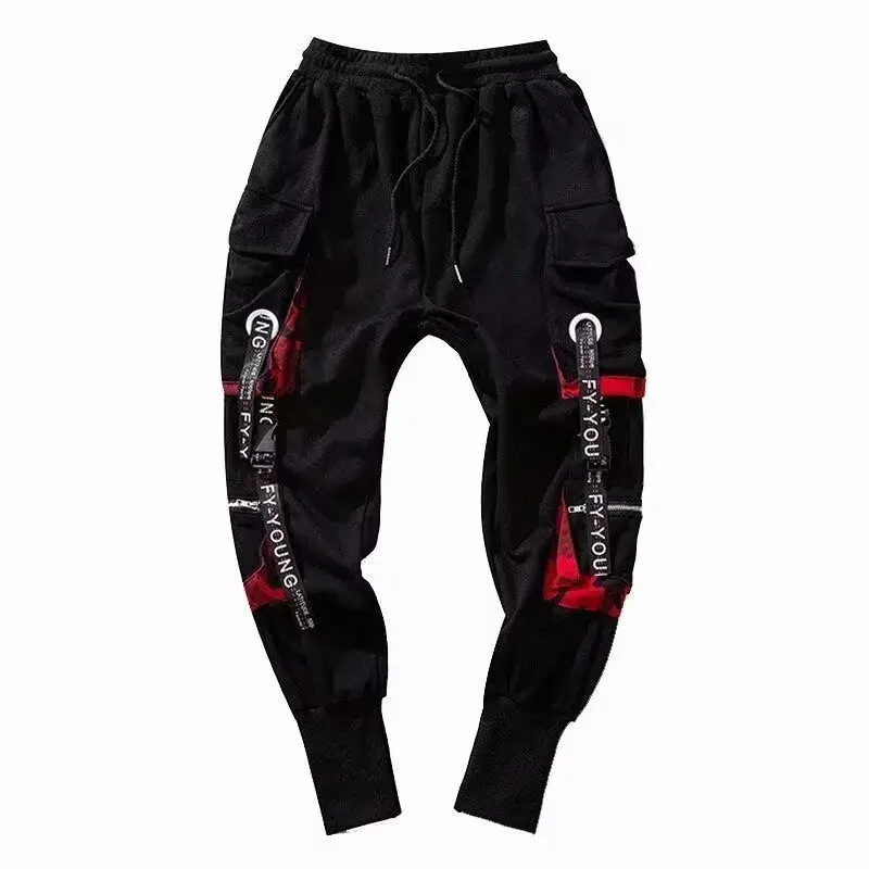 Joggers Men Cargo Pants Techwear Harajuku Fashion Y2K Black Punk Trousers Ribbons Big Pocket Casual Baggy Streetwear