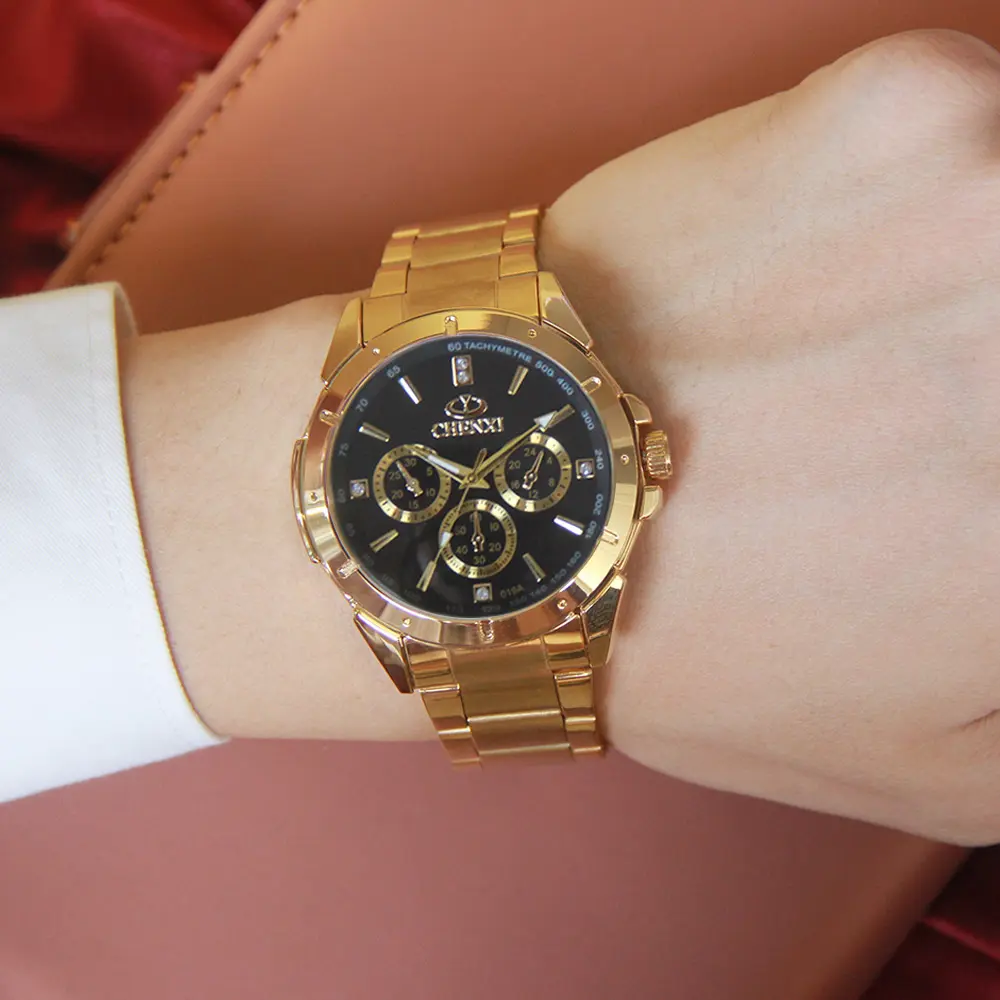 CHENXI Luxury Gold Men's Watches Unique Business Dress Wristwatch for Man Woman Lover's Clock Golden Waterproof Male Female 019A