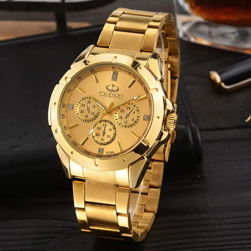 CHENXI Luxury Gold Men's Watches Unique Business Dress Wristwatch for Man Woman Lover's Clock Golden Waterproof Male Female 019A