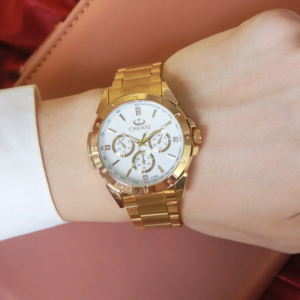 CHENXI Luxury Gold Men's Watches Unique Business Dress Wristwatch for Man Woman Lover's Clock Golden Waterproof Male Female 019A