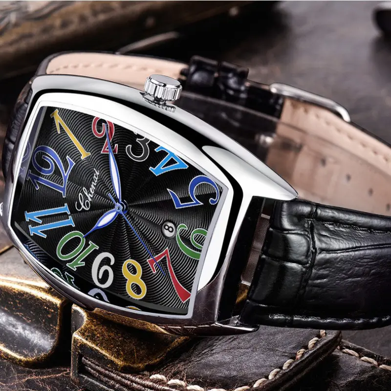 Stylish Men Watches Unique Design Tonneau Dial Colorful Number Genuine Leather Strap Quartz Wristwatch for Men Gift for Men