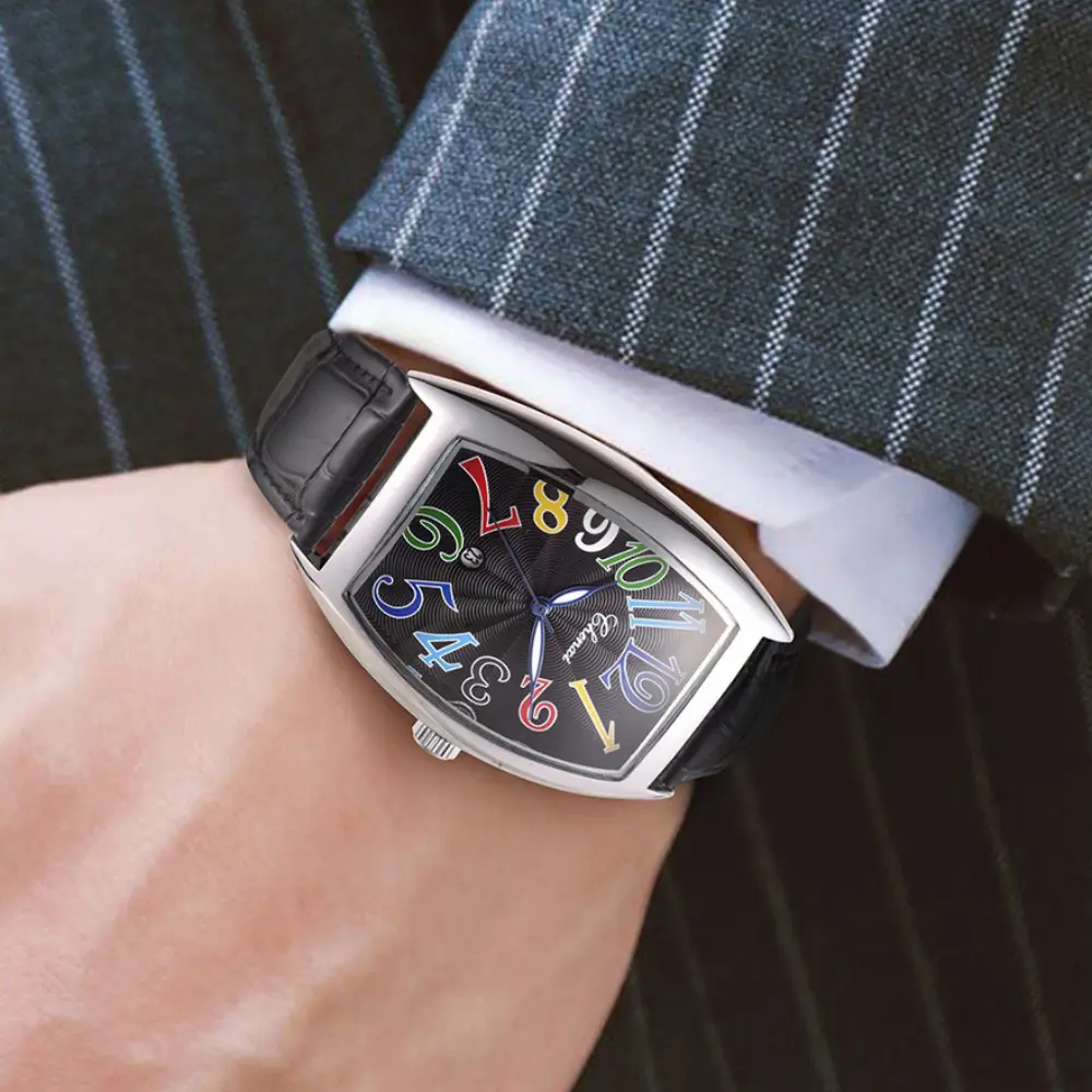 Stylish Men Watches Unique Design Tonneau Dial Colorful Number Genuine Leather Strap Quartz Wristwatch for Men Gift for Men