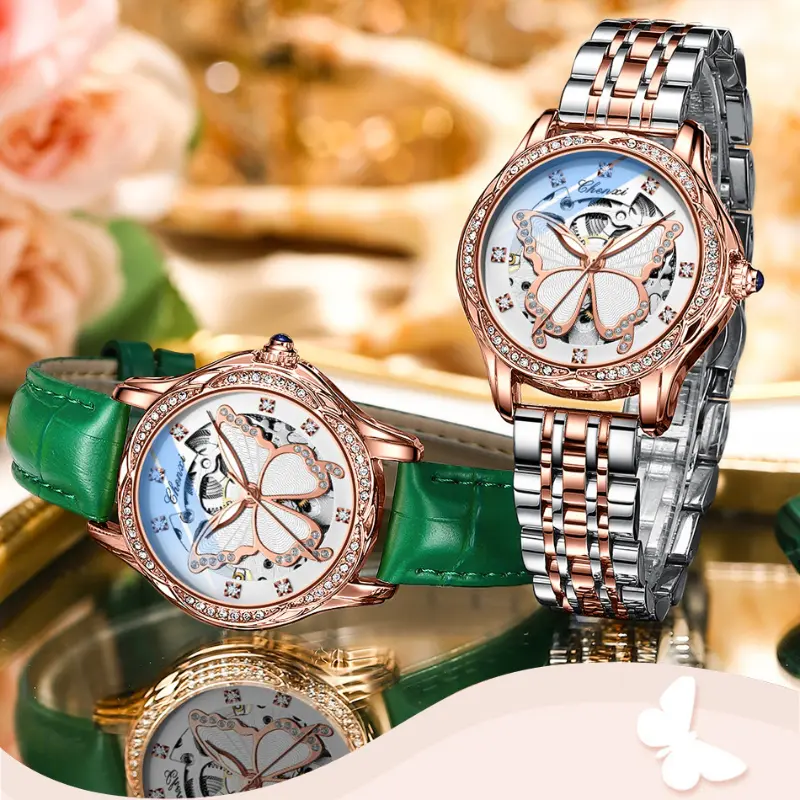 Luxury Fashion Women Automatic Mechanical Watch Stainless Steel Strap Lady Wristwatch Beautiful Butterfly Dial Design Rhinestone