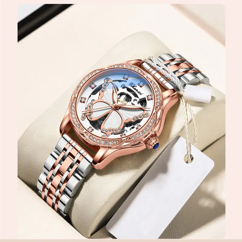Luxury Fashion Women Automatic Mechanical Watch Stainless Steel Strap Lady Wristwatch Beautiful Butterfly Dial Design Rhinestone