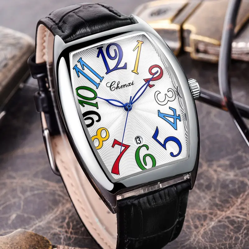 Stylish Men Watches Unique Design Tonneau Dial Colorful Number Genuine Leather Strap Quartz Wristwatch for Men Gift for Men