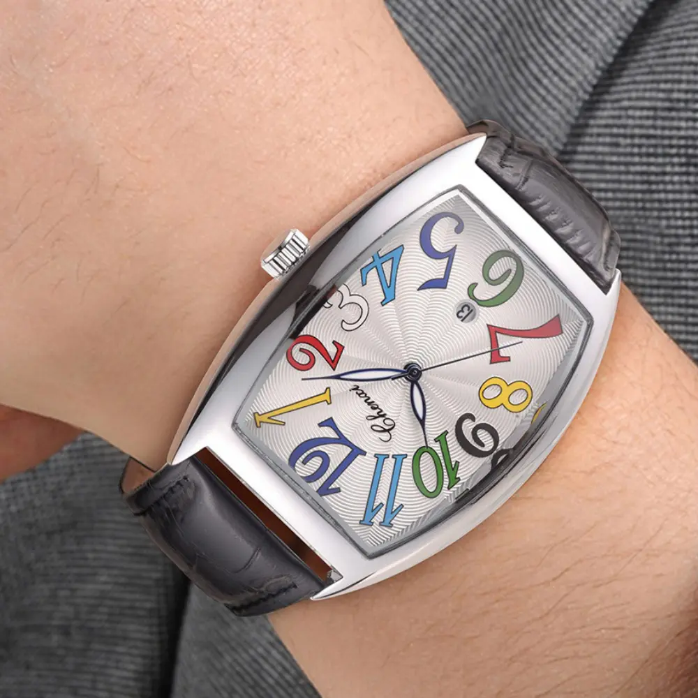 Stylish Men Watches Unique Design Tonneau Dial Colorful Number Genuine Leather Strap Quartz Wristwatch for Men Gift for Men