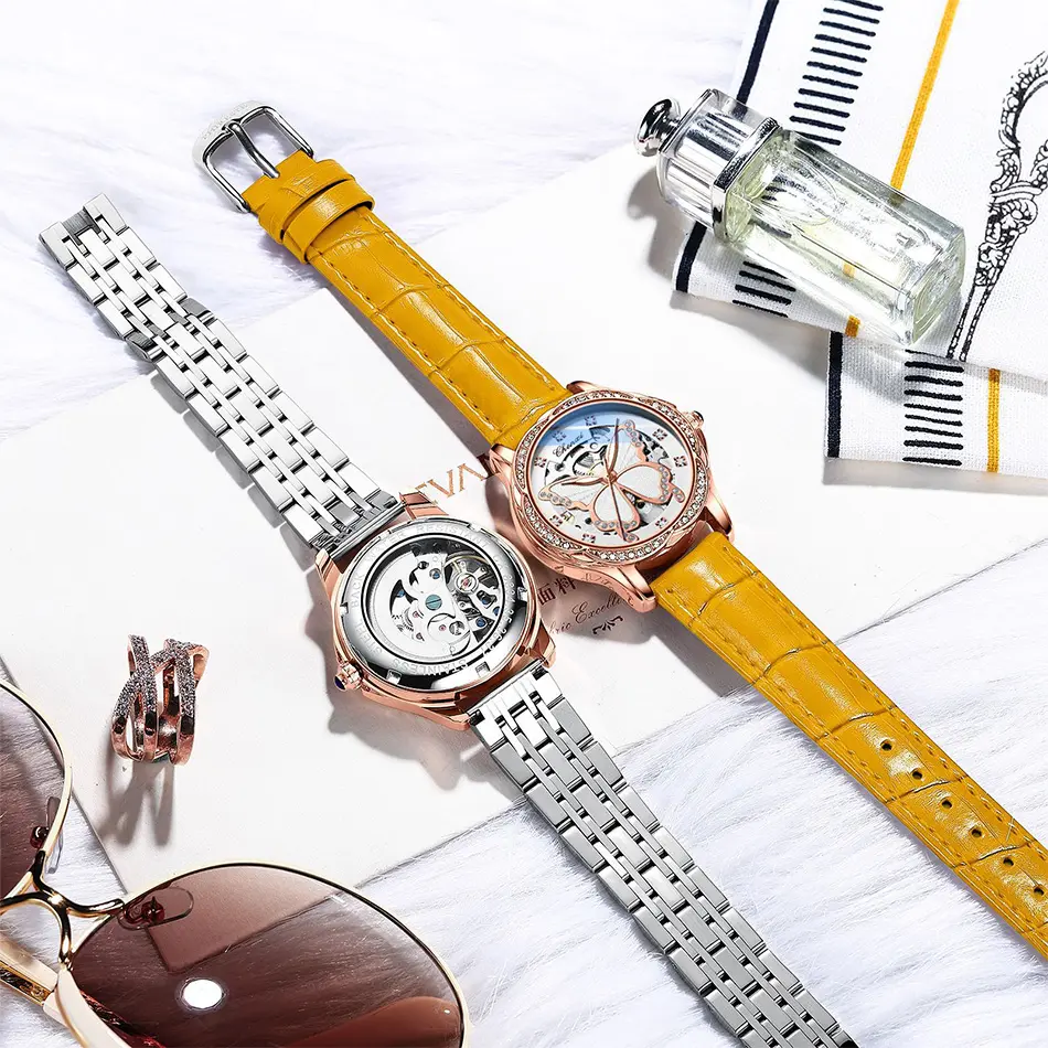 Luxury Fashion Women Automatic Mechanical Watch Stainless Steel Strap Lady Wristwatch Beautiful Butterfly Dial Design Rhinestone