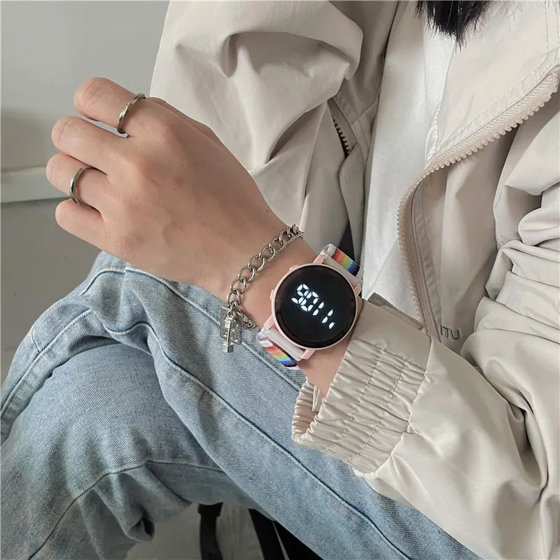 Fashion Rainbow Colorful Kids Watches Casual Nylon Strap Sport School Student Boys Girls LED Digital Children Watches Gift Clock