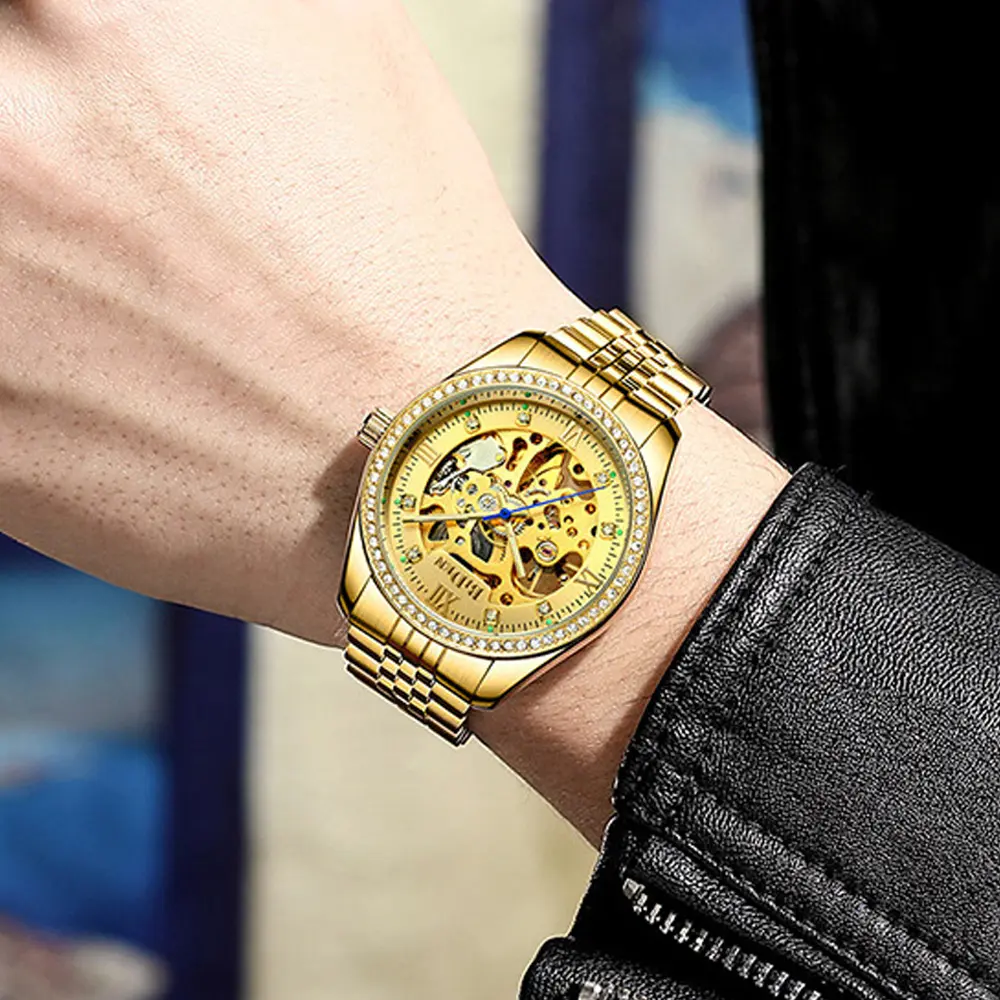 Top Brand BIDEN Men's Dress Watches Automatic Mechanical Male Wristwatch Stainless Steel Rhinestone Golden Casual Business Clock