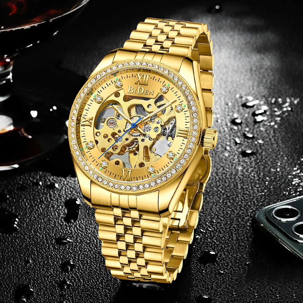 Top Brand BIDEN Men's Dress Watches Automatic Mechanical Male Wristwatch Stainless Steel Rhinestone Golden Casual Business Clock