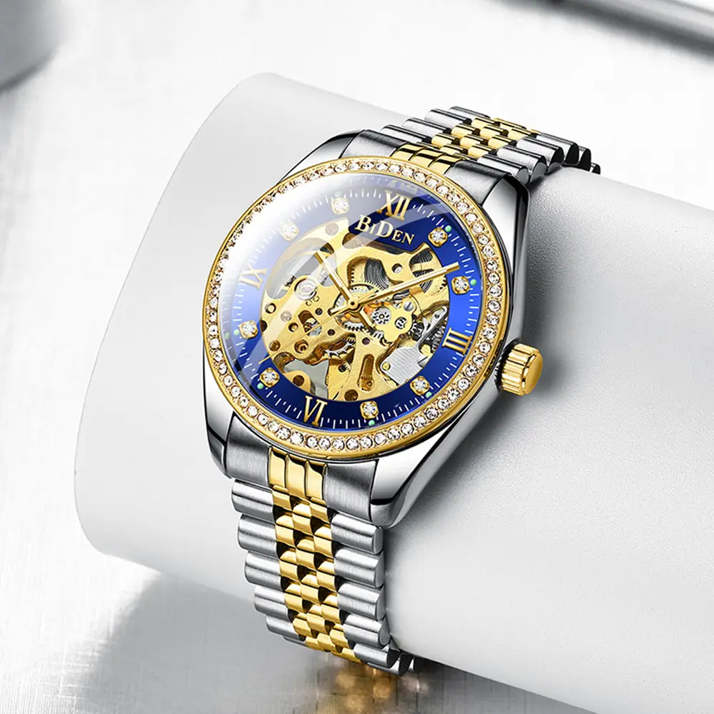 Top Brand BIDEN Men's Dress Watches Automatic Mechanical Male Wristwatch Stainless Steel Rhinestone Golden Casual Business Clock