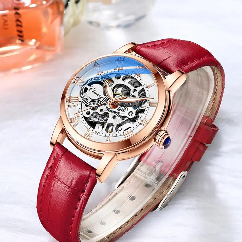 Fashion Women Automatic Mechanical Watch Female Birthday Gift Casual Dress Women's Watches Hole Dial Plate Design Leather Strap