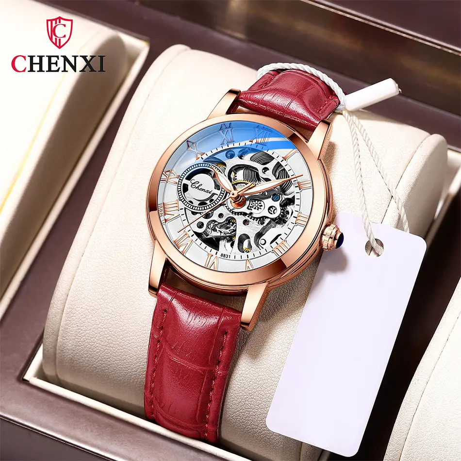 Fashion Women Automatic Mechanical Watch Female Birthday Gift Casual Dress Women's Watches Hole Dial Plate Design Leather Strap