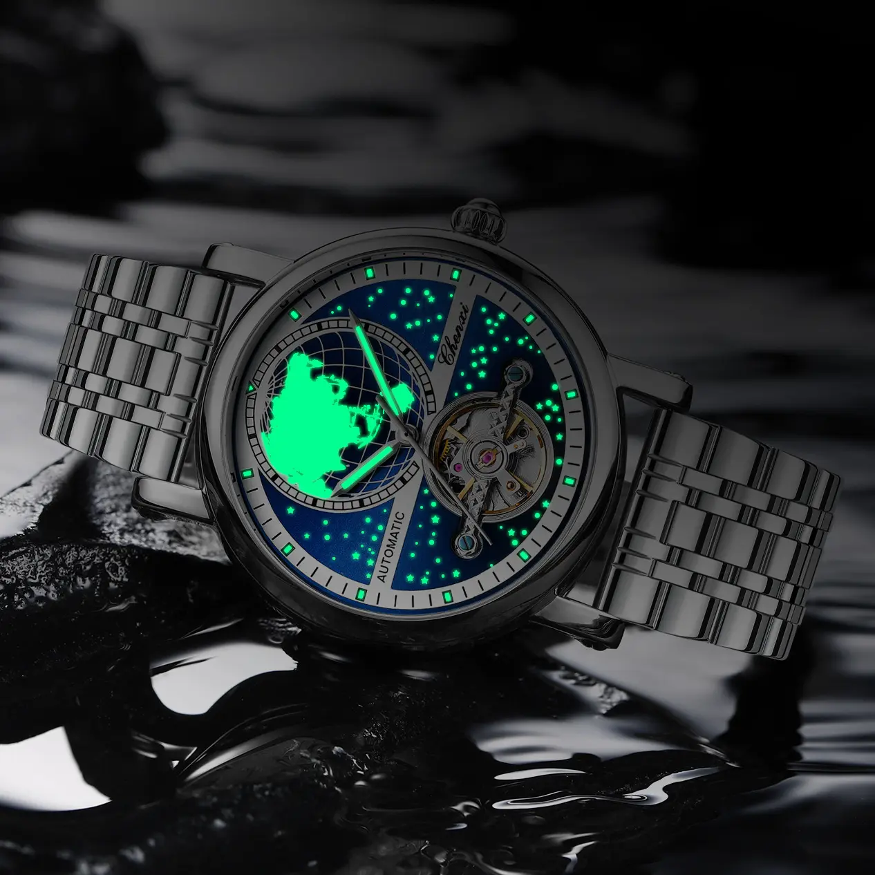 Unique Men Automatic Mechanical Watches Fashion Map Pattern Waterproof Hollow Tourbillon Watch for Men Luxury Business Clock