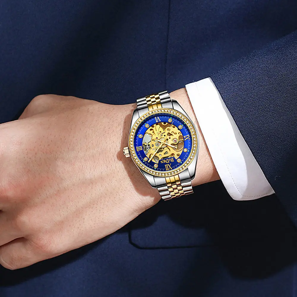 Top Brand BIDEN Men's Dress Watches Automatic Mechanical Male Wristwatch Stainless Steel Rhinestone Golden Casual Business Clock