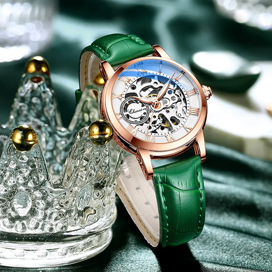 Fashion Women Automatic Mechanical Watch Female Birthday Gift Casual Dress Women's Watches Hole Dial Plate Design Leather Strap