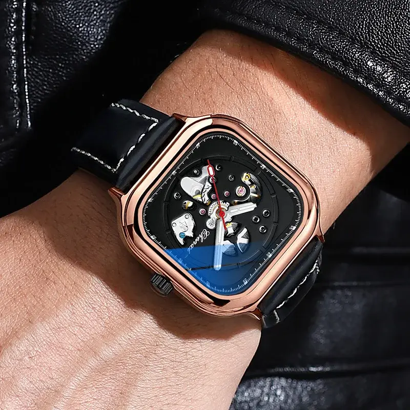 Black Retro Leather Men Automatic Mechanical Watch Business Self Winding Mens Watch Holiday Gift for Male Simple Dial Design
