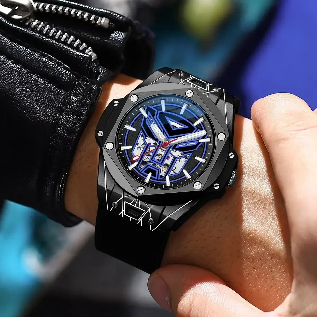 Transformation Robot Mechanical Watch Men Big Dial Silicone Strap Stylish Pattern Sport Business Automatic Wristwatches Gift