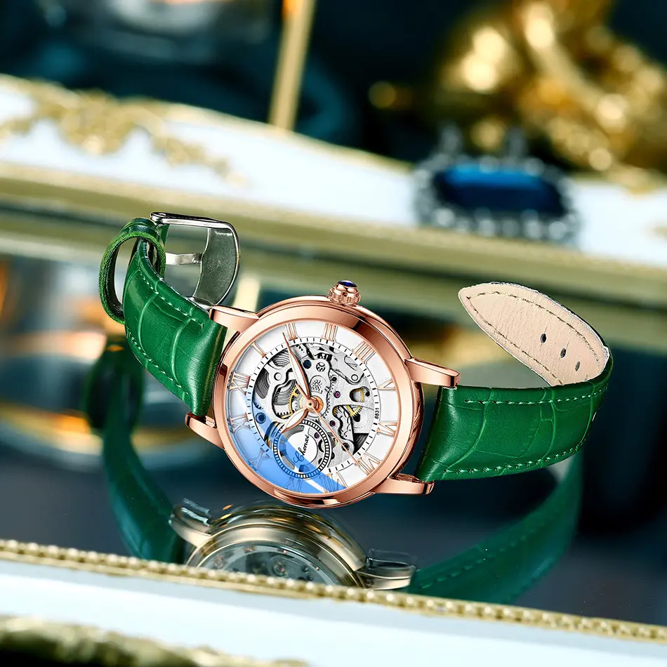 Fashion Women Automatic Mechanical Watch Female Birthday Gift Casual Dress Women's Watches Hole Dial Plate Design Leather Strap