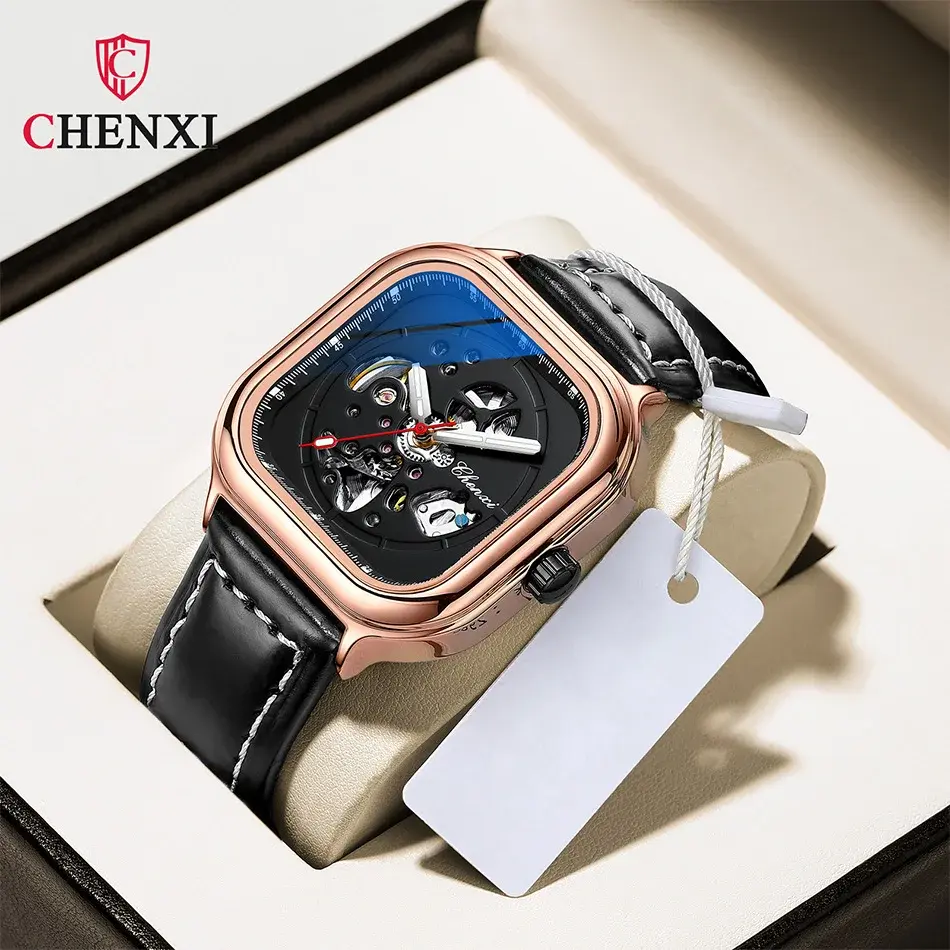 Black Retro Leather Men Automatic Mechanical Watch Business Self Winding Mens Watch Holiday Gift for Male Simple Dial Design