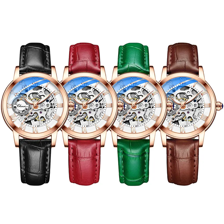 Fashion Women Automatic Mechanical Watch Female Birthday Gift Casual Dress Women's Watches Hole Dial Plate Design Leather Strap