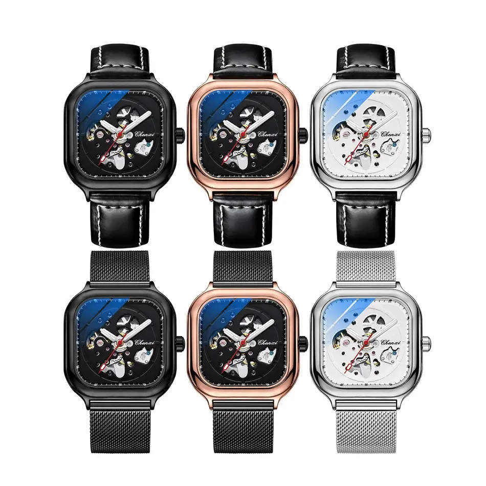Black Retro Leather Men Automatic Mechanical Watch Business Self Winding Mens Watch Holiday Gift for Male Simple Dial Design