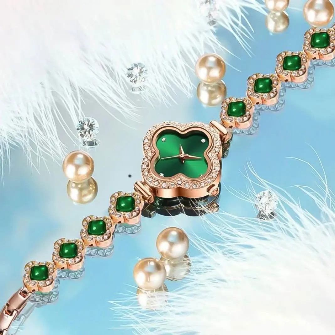 Diamond Set Color Light Luxury Drawstring Watch Exquisite Small Pearl Clover Drawstring Style Quartz Women's Watch Reloj Mujer