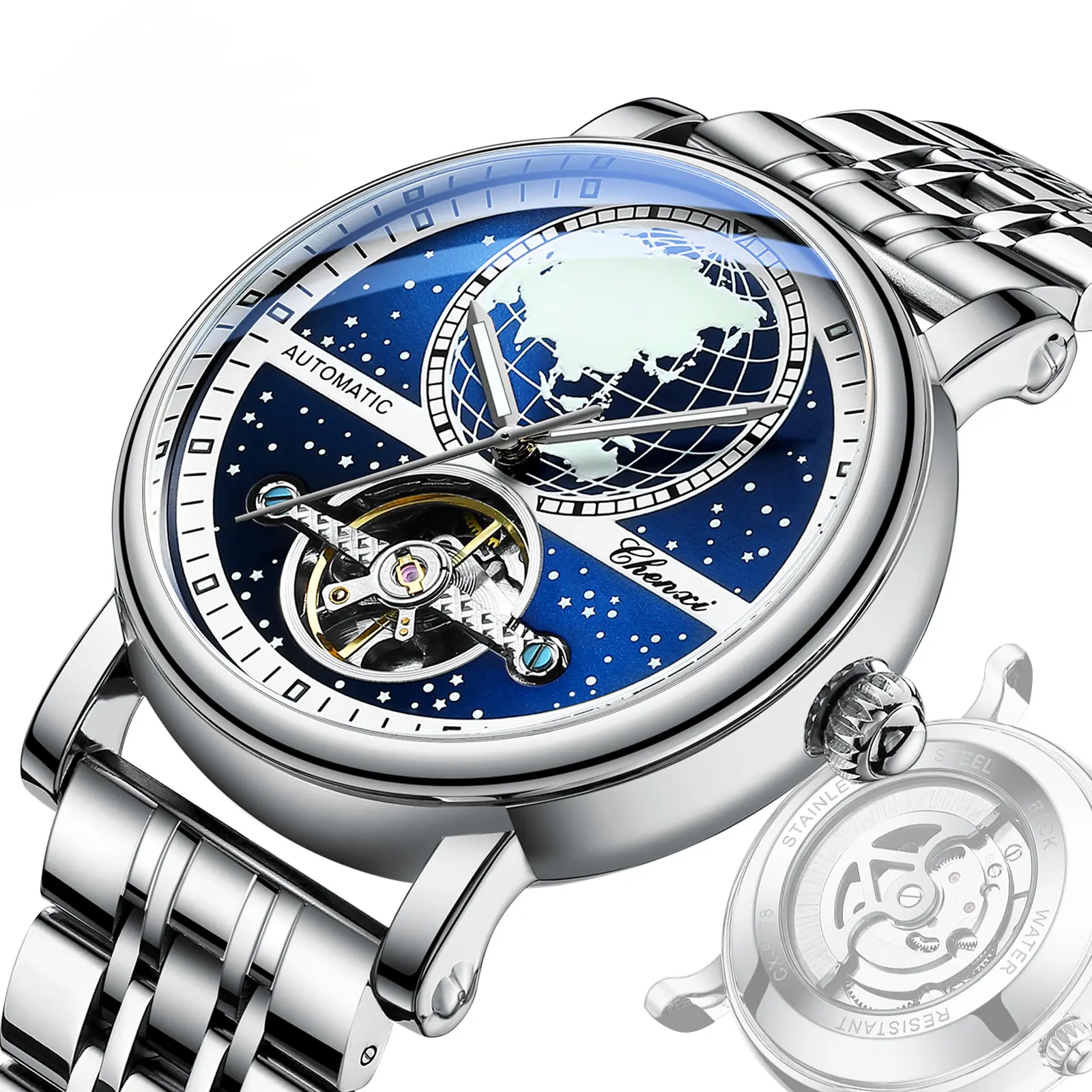 Unique Men Automatic Mechanical Watches Fashion Map Pattern Waterproof Hollow Tourbillon Watch for Men Luxury Business Clock