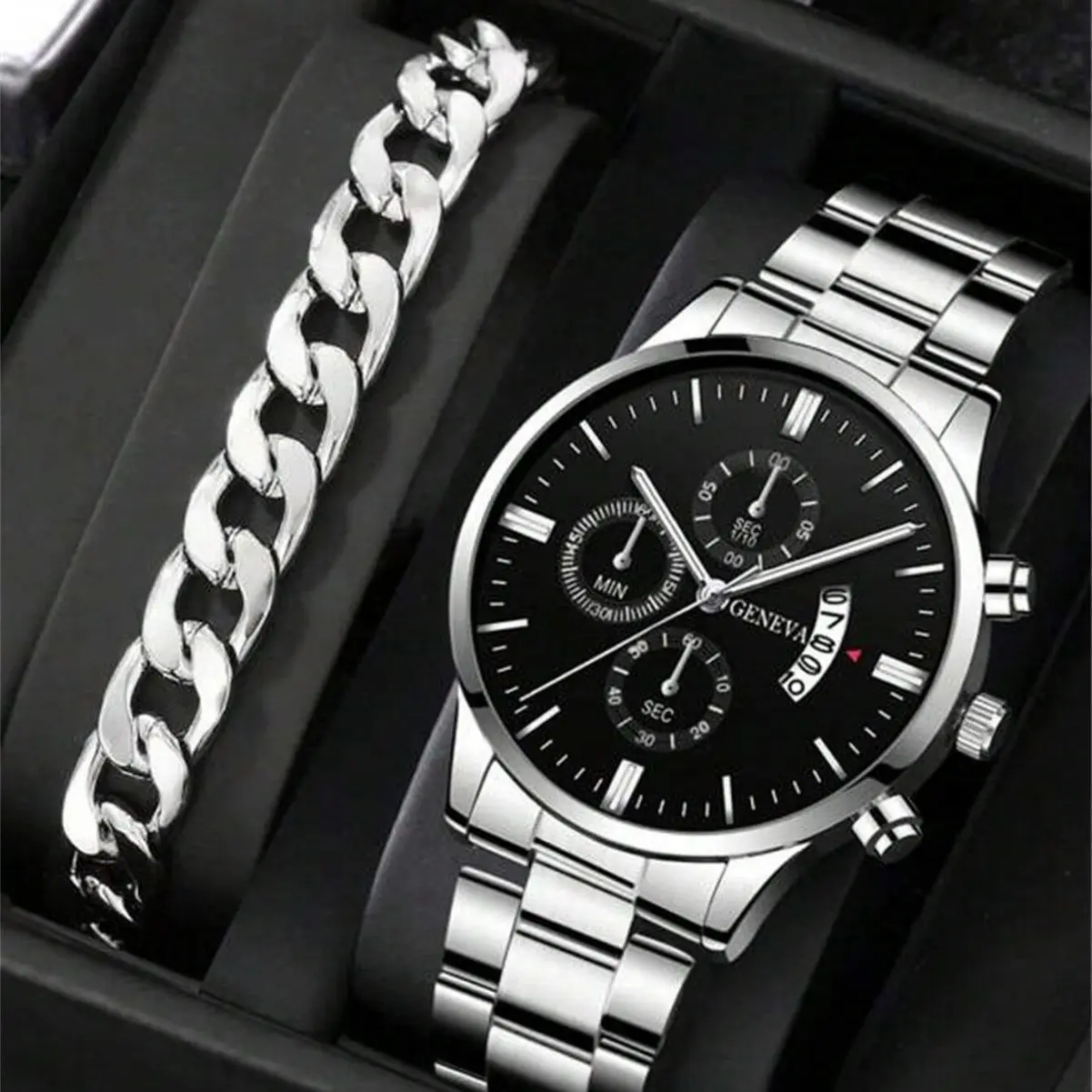 2pcs Luxury Black Quartz Watch & Bracelet For Men Business Fashion Round Calendar Watch Set (Without Box）Relogio Masculino