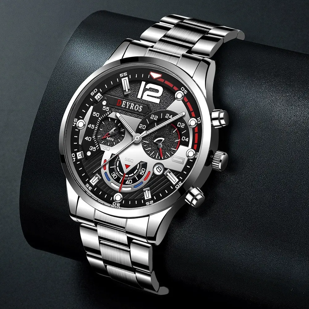 2pcs Luxury Black Quartz Watch & Bracelet For Men Business Fashion Round Calendar Watch Set (Without Box）Relogio Masculino