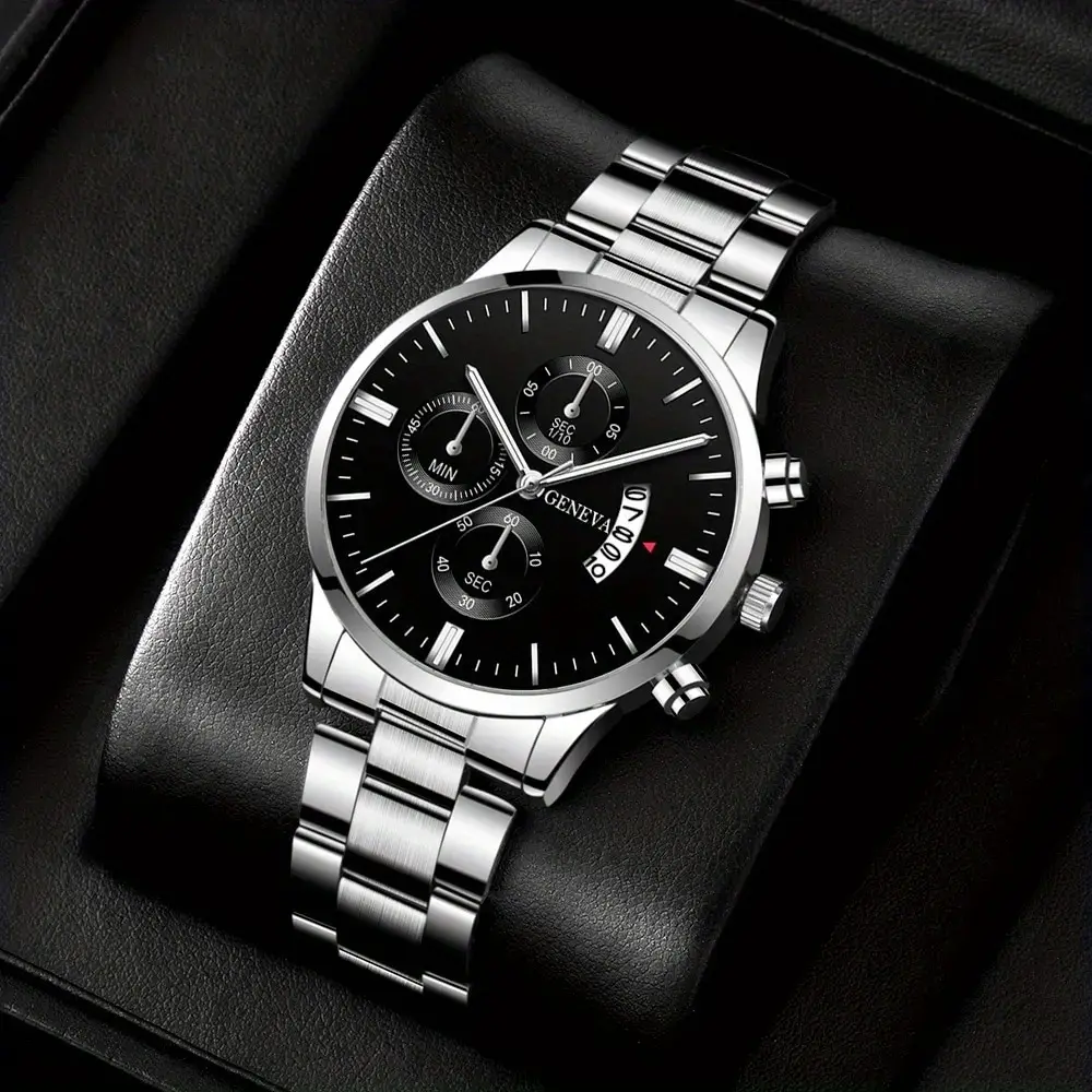 2pcs Luxury Black Quartz Watch & Bracelet For Men Business Fashion Round Calendar Watch Set (Without Box）Relogio Masculino