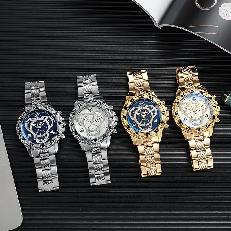 Luxury Men's Quartz Watch Classic Business Men Wristwatch Large Dial Alloy Steel Strip Blue Light Three Eye Men's Quartz Watch