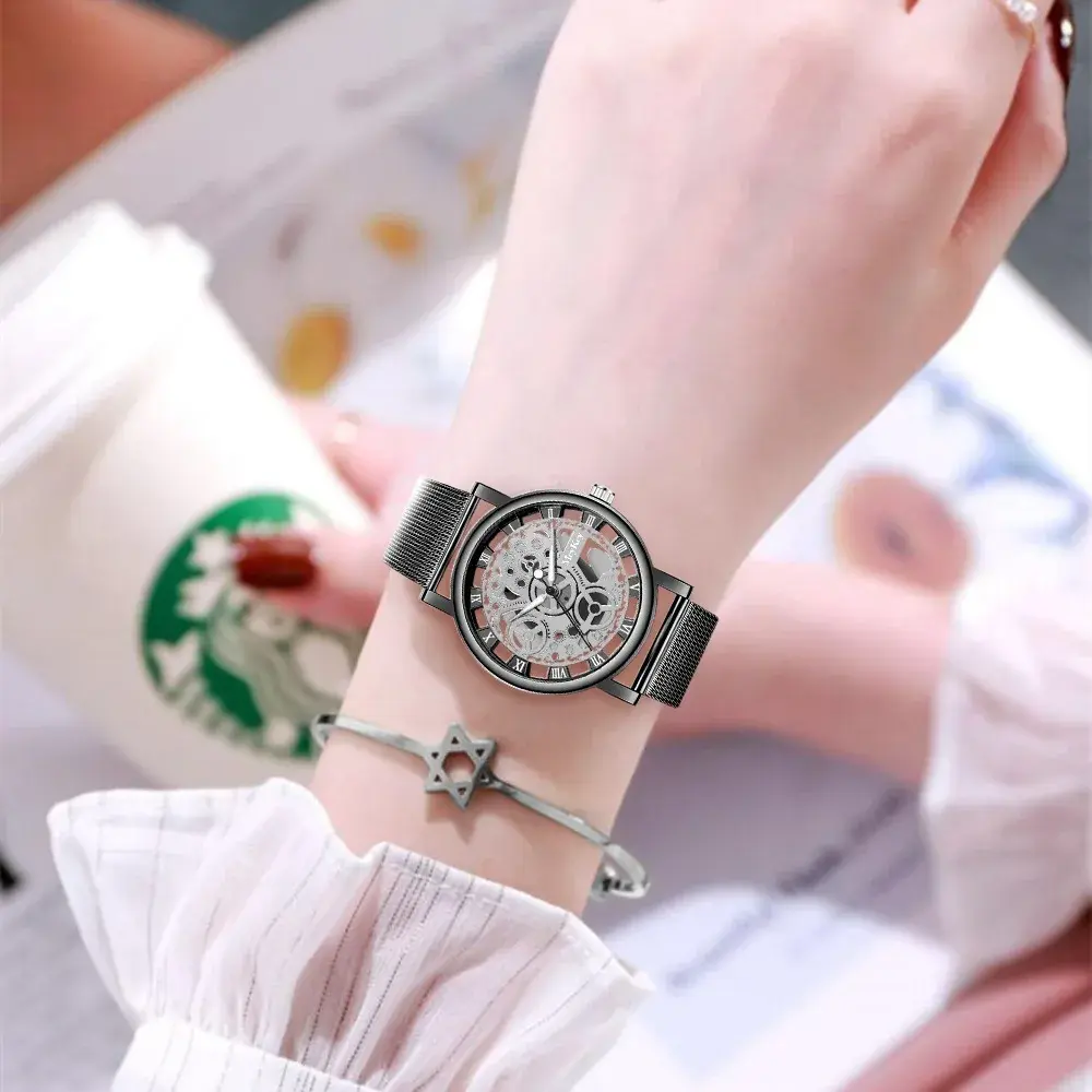 Fashion Top Women Hollow Skeleton Faux Mechanical Watch Ladies Metal Mesh Quartz Wrist Watches For Female Relogio Feminino