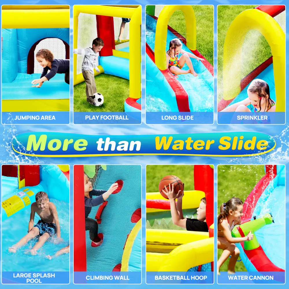 7-in-1 Inflatable Slide Water Park with Paddy Pool, Water Guns, Climbing Wall, Basketball and Football
